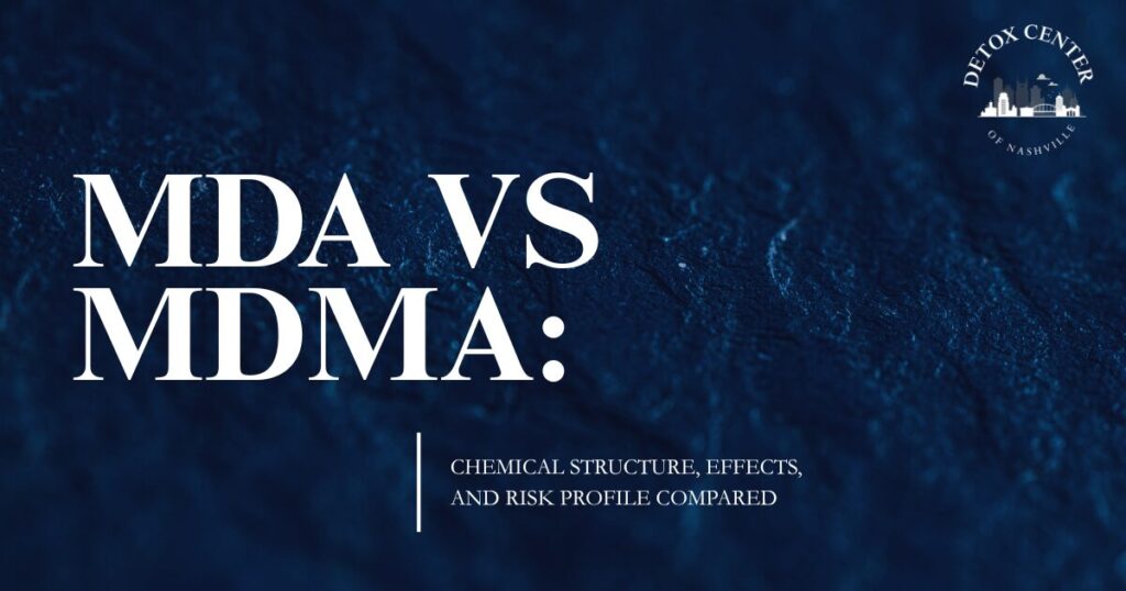 Informational graphic comparing MDA and MDMA, with subtitle on chemical structure, effects, and risk; Detox Center of Nashville logo.